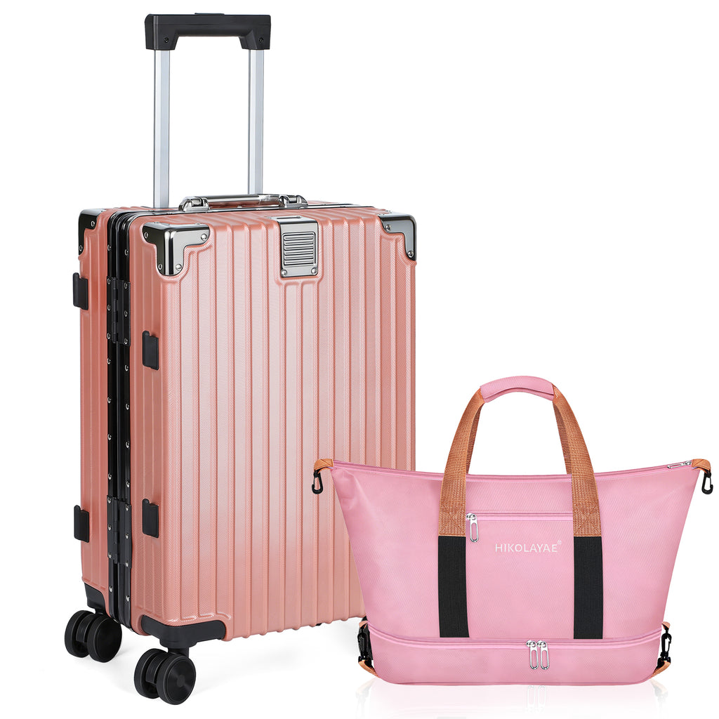 20 Inch Aluminum Frame Hardside Luggage with HIKOLAYAE Travel Tote Bag, Spinner Suitcase with TSA Lock & Detachable Carry-On Bag, Black