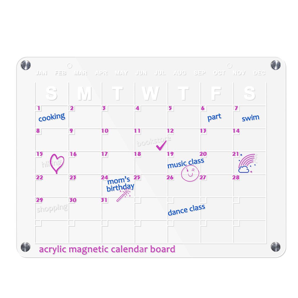 Acrylic Magnetic Dry Erase Board - Adhesive Calendar Planner Boards for Fridge and Wall, Includes 6 Magnetic Markers (3 Colors), Pen Holder, Clean Cloth, and Self-Adhesive Wall Hooks