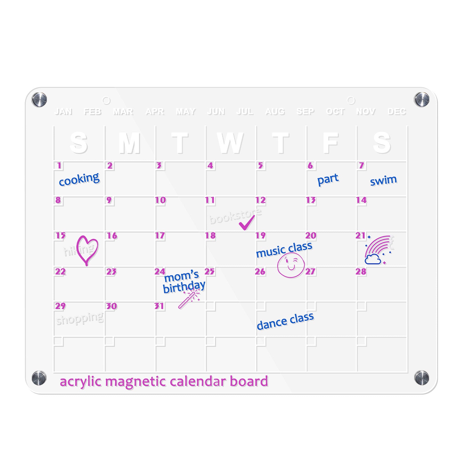 Acrylic Magnetic Dry Erase Board - Adhesive Calendar Planner Boards for Fridge and Wall, Includes 6 Magnetic Markers (3 Colors), Pen Holder, Clean Cloth, and Self-Adhesive Wall Hooks
