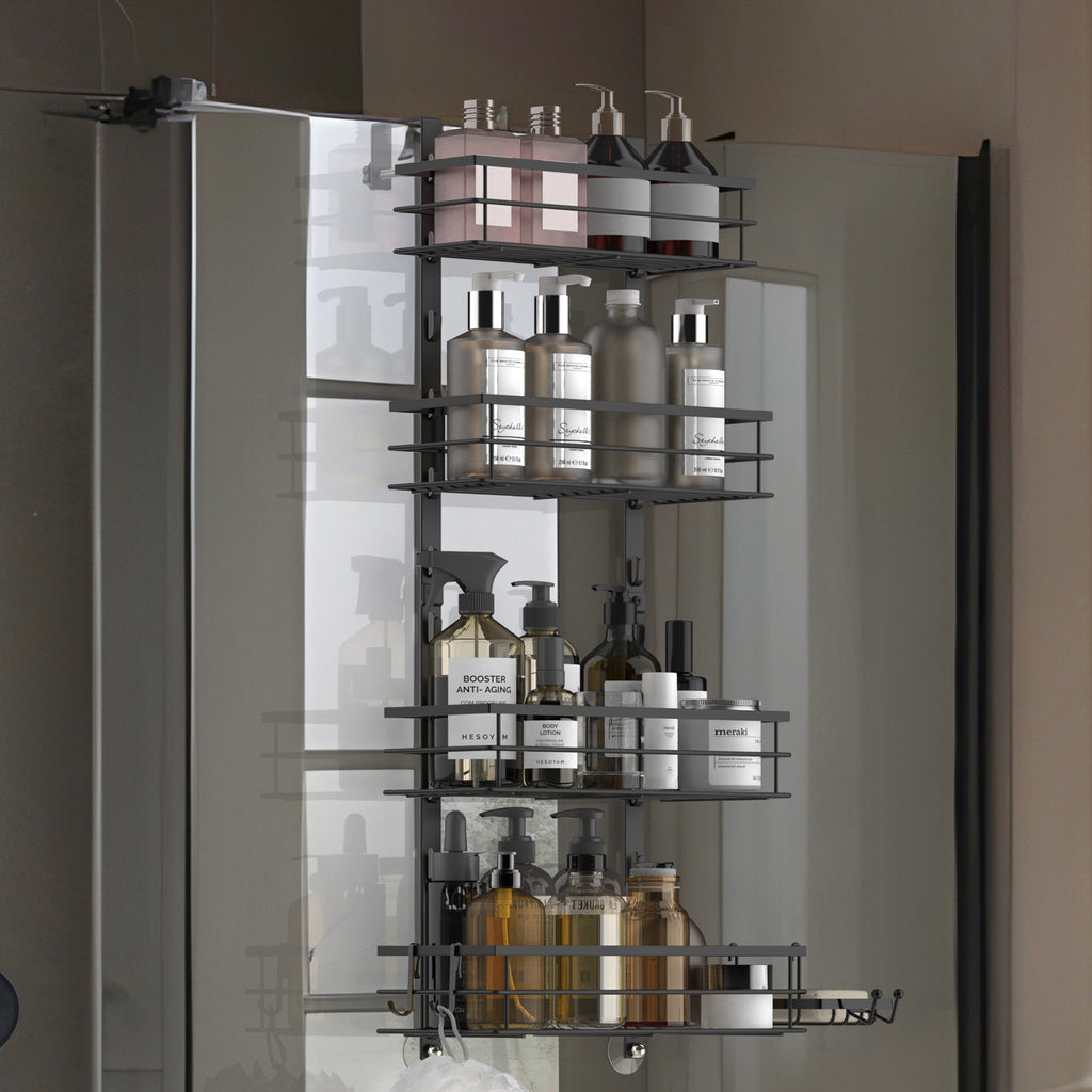 Adjustable 4 Tier Over the Door Shower Caddy, Bathroom Hanging Organizer Shelf Rustproof with Hooks, Shower Basket with Soap Holder