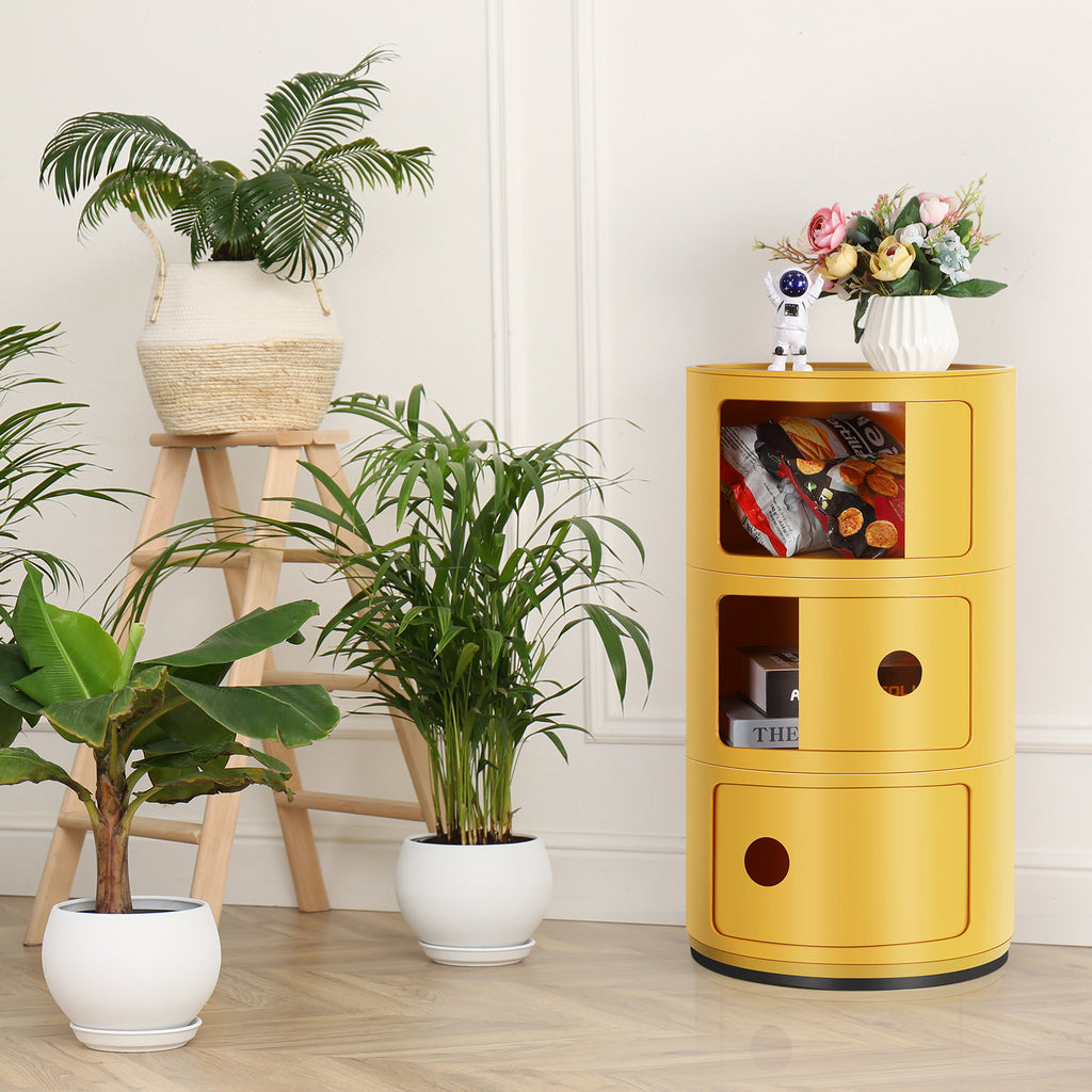 Stylish Plastic Round Nightstand Storage With Drawers & Sliding Doors, Minimalism 3 Tier Bedside Table Lightweight Stackable Cabinet Side Table, End Table, For Living Room And Bedroom, Small Space,