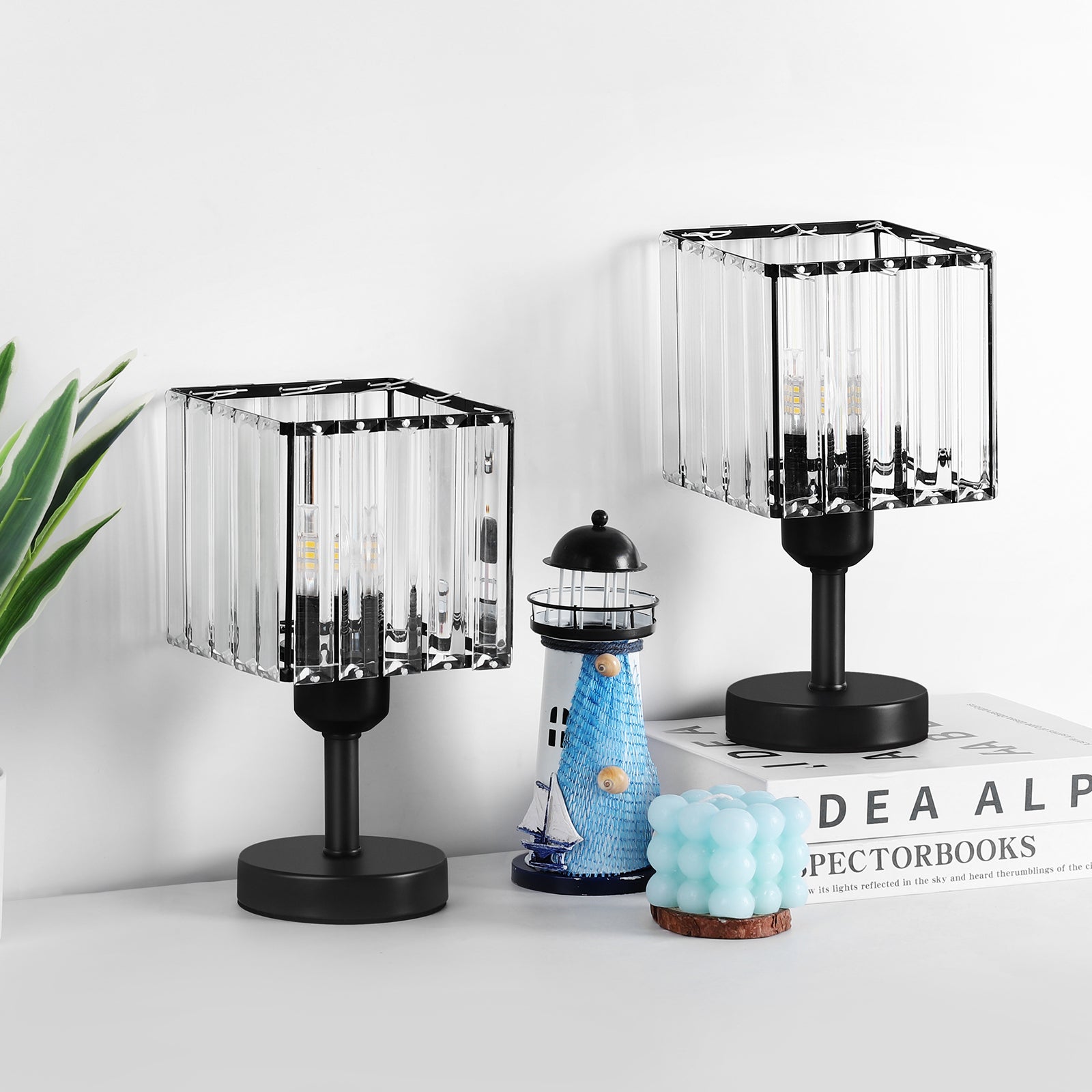 Set of 2 Contemporary Crystal Bedside Lamps with Black Bases and Elegant Shimmering Shades for Living Rooms or Bedrooms