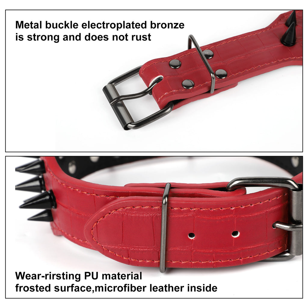 Punk Spiked Studded Dog Collar, Heavy-Duty Red PU Leather Pet Collar for Medium & Large Dogs