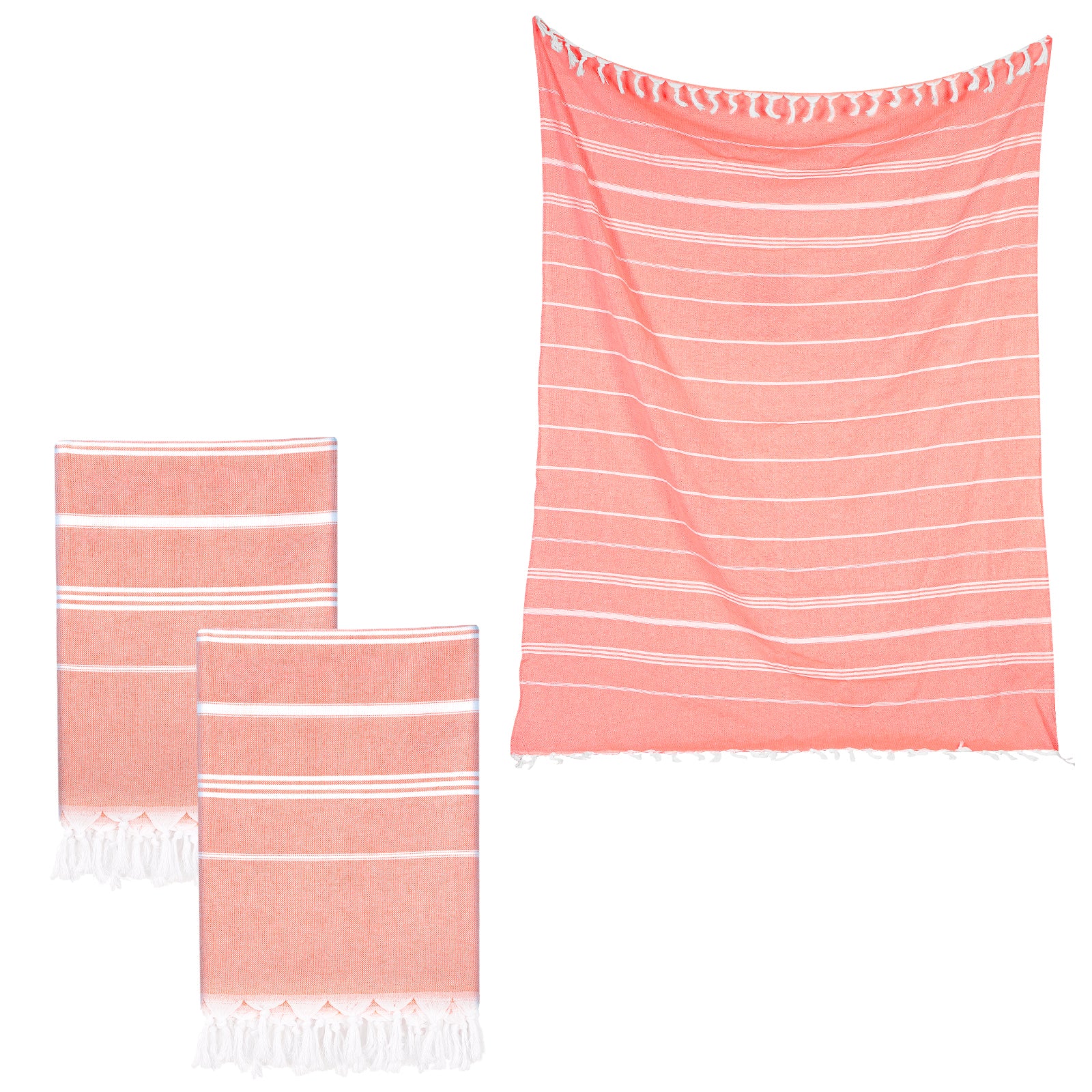 Set of 2 Turkish Beach Towels, Sand-Free Quick Dry Absorbent Cotton Towels, Large Lightweight Stylish Striped Peshtemal with Tassels for Beach, Bath, Pool, Picnic