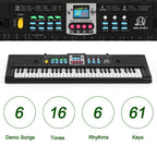 61-Key Portable Electronic Keyboard Piano for Beginners, Multi-Function Digital Music Keyboard with Microphone, Teaching Modes & Demo Songs