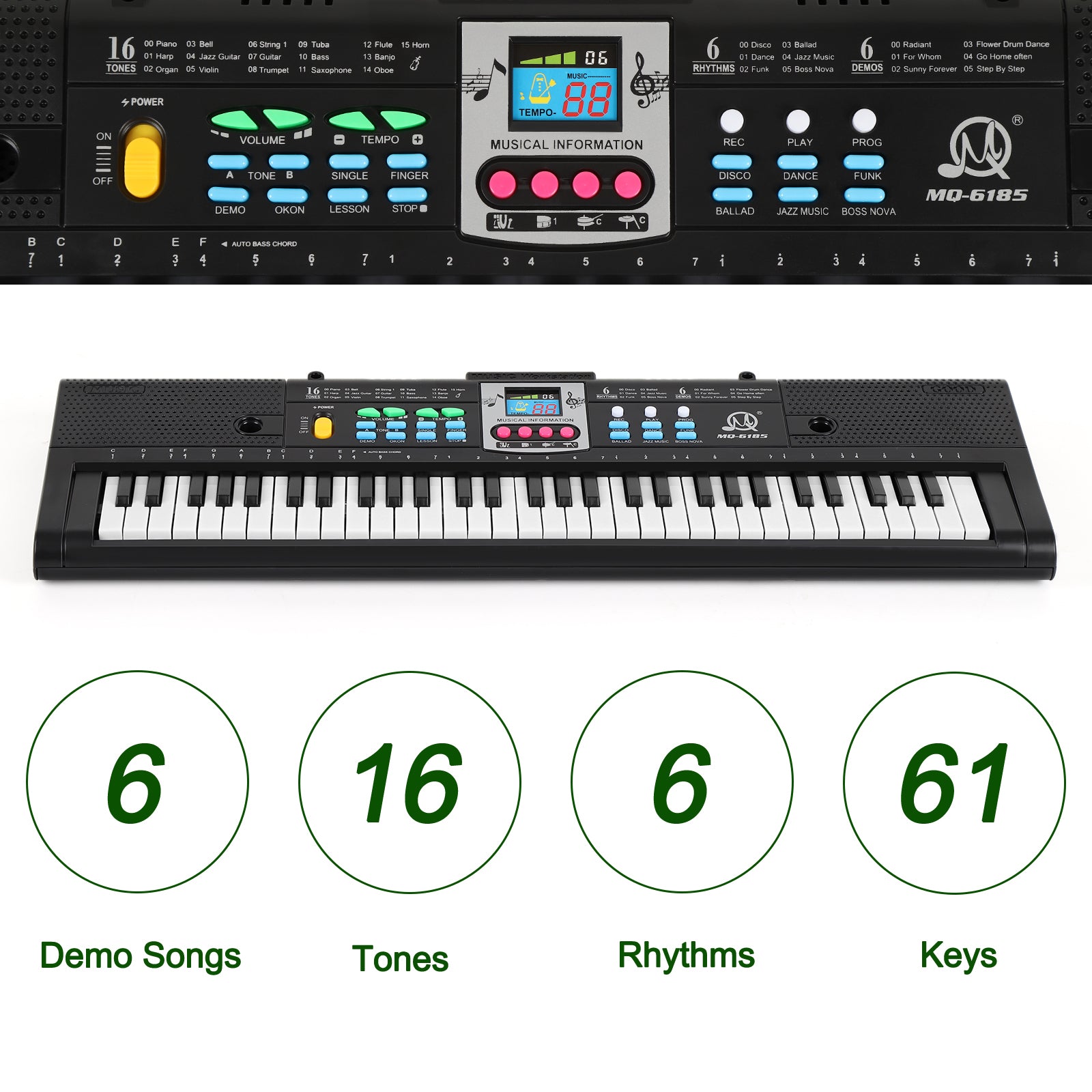 61-Key Portable Electronic Keyboard Piano for Beginners, Multi-Function Digital Music Keyboard with Microphone, Teaching Modes & Demo Songs