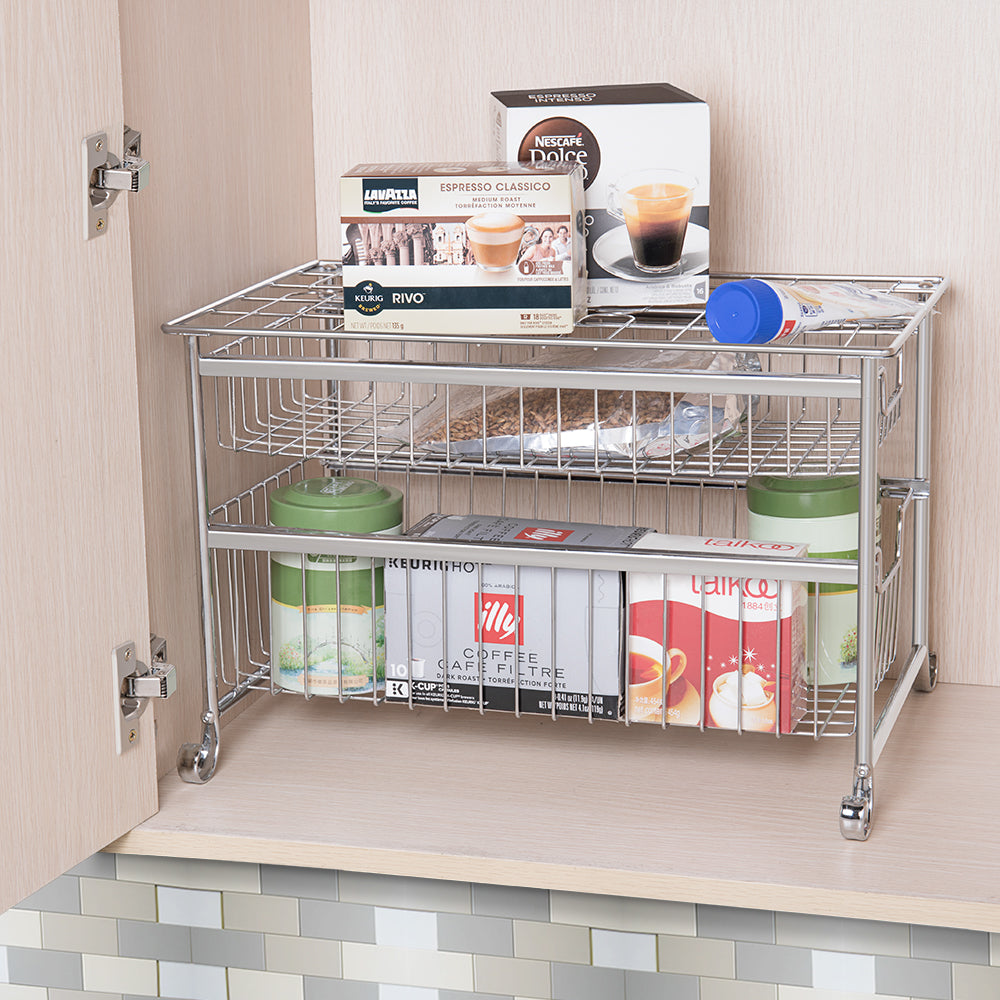 2-Tier Pull-Out Under Sink Organizer, Chrome-Plated Sliding Cabinet Storage Basket for Kitchen & Bathroom