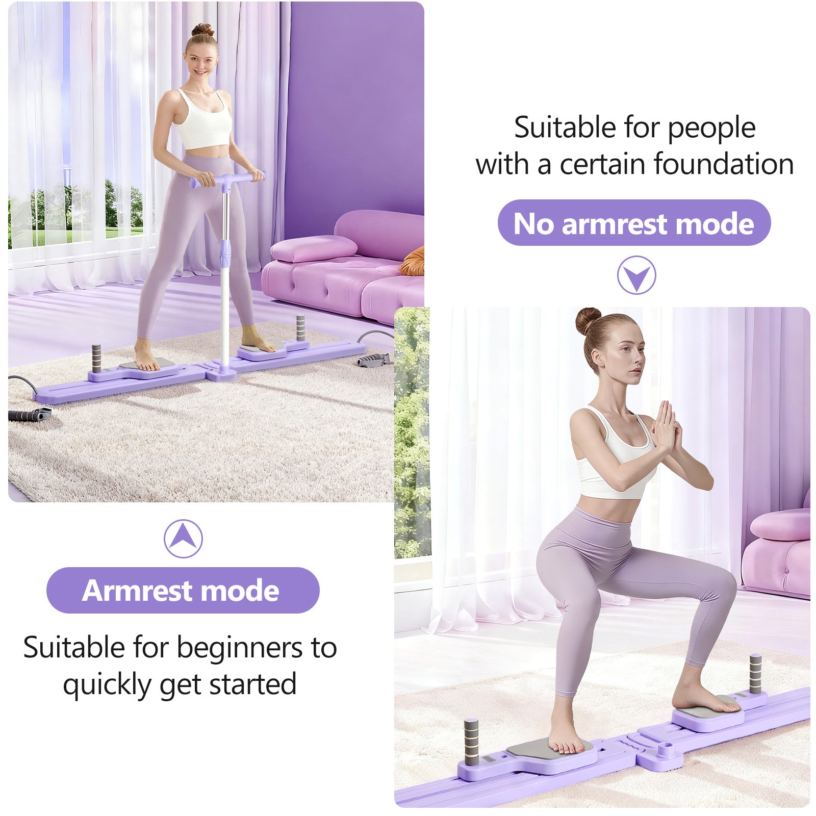 Multi-Functional Pilates Board, Adjustable Split Exercise Machine with Handlebar, Resistance Bands, Non-Slip Fitness Equipment for Legs, Pelvic Floor & Full Body Workout, Purple