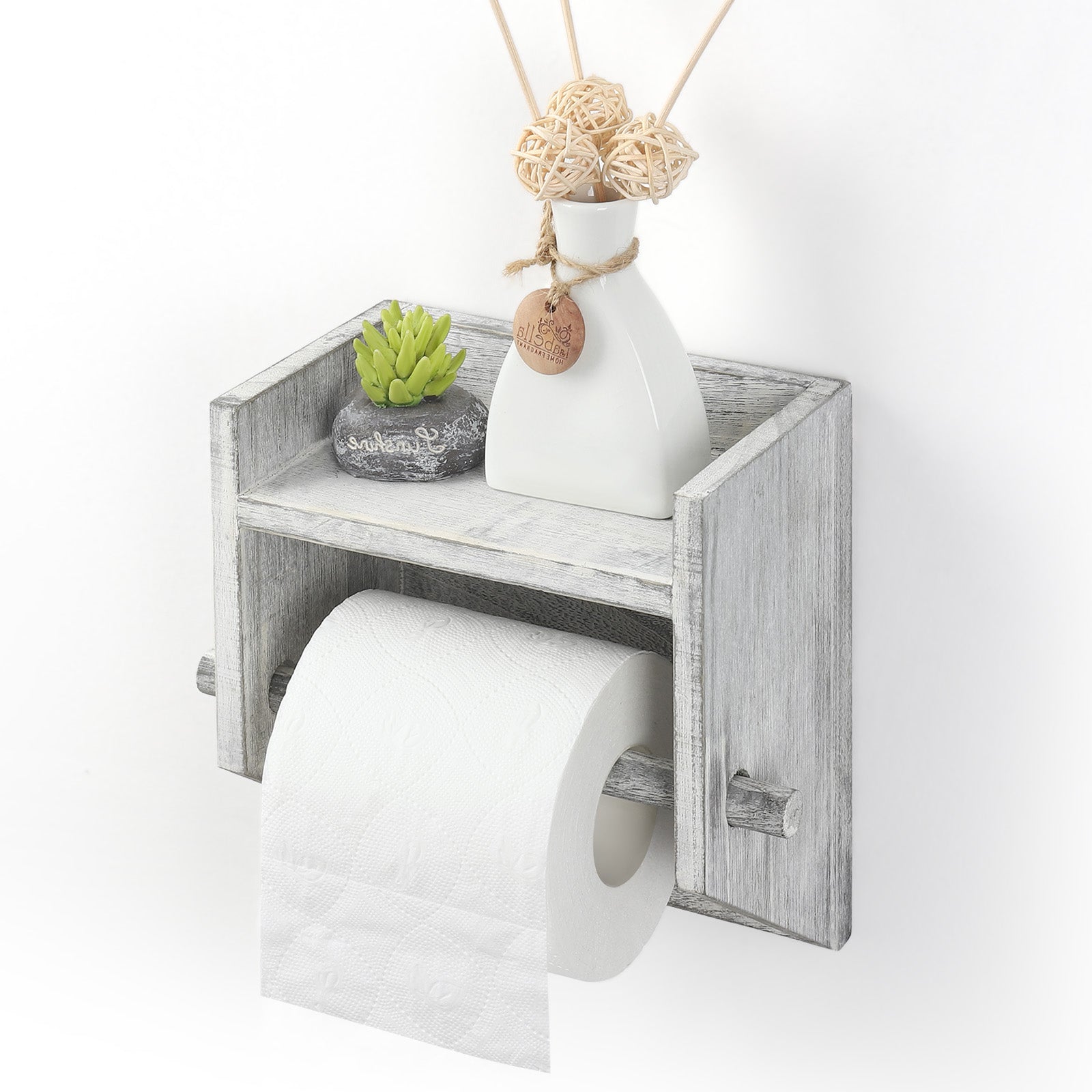 Rustic Wall-Mounted Wooden Toilet Tissue Dispenser with Integrated Display Ledge for Washrooms and Kitchens