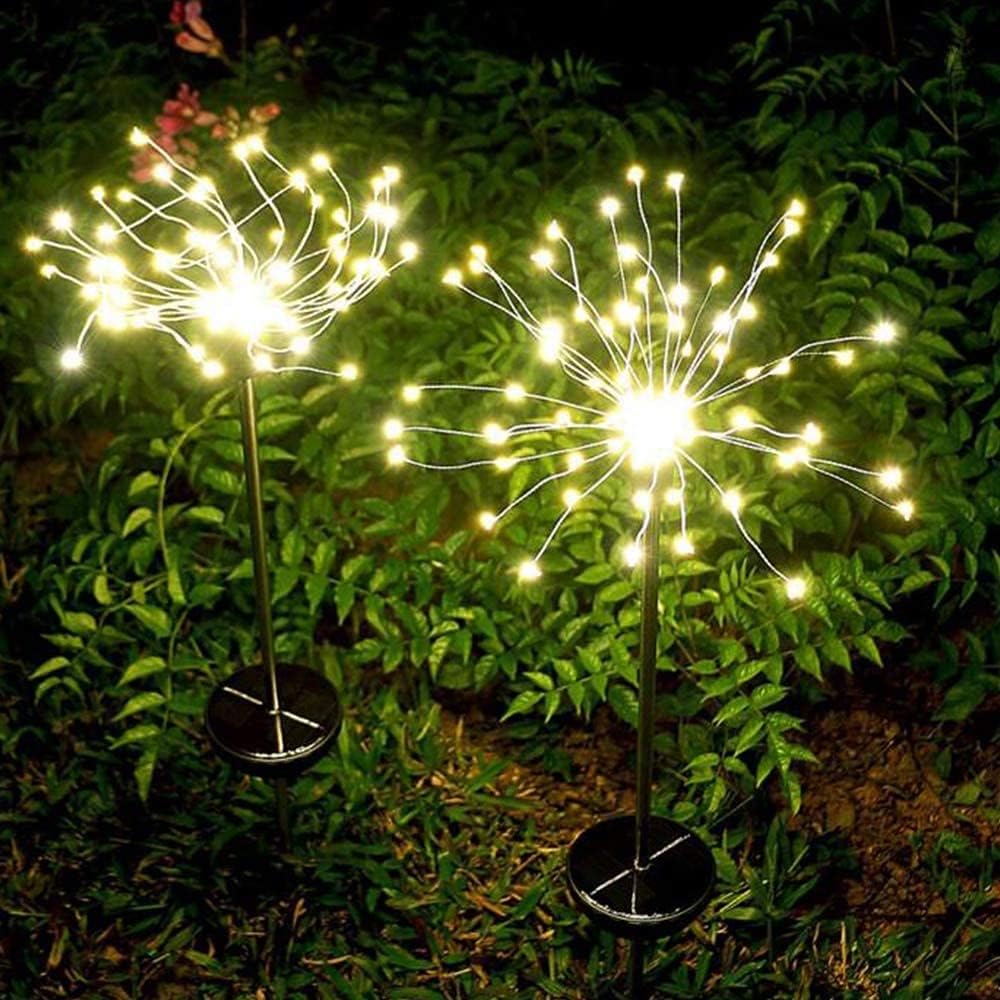 2 Pack Solar Firework Lights - 120 LED Outdoor Garden Decorative Pathway Lights w/ 8 Modes, Warm White