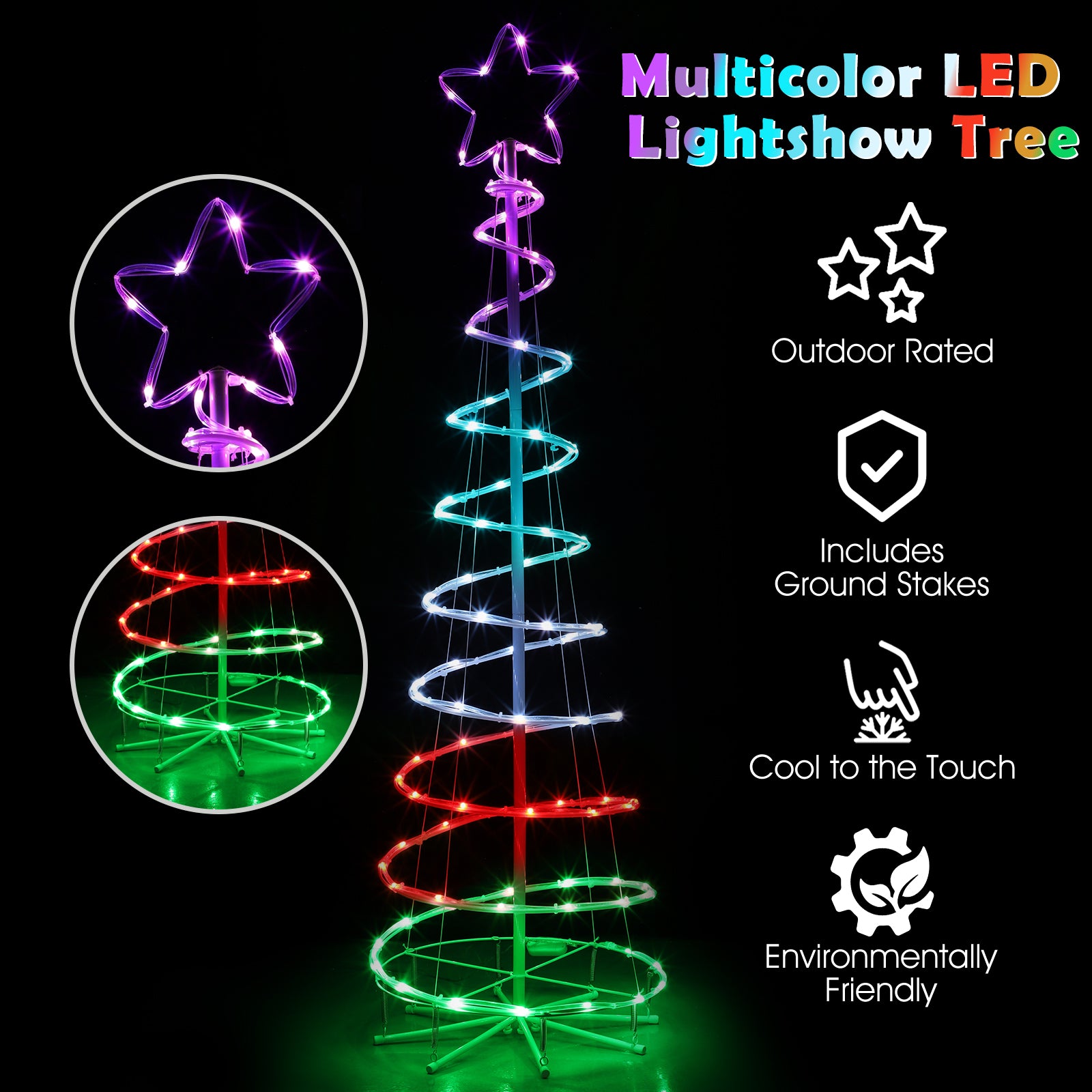 5ft 16-Color Spiral LED Christmas Tree - Outdoor Decoration w/ Remote, Timer, 8 Modes, Plug-In