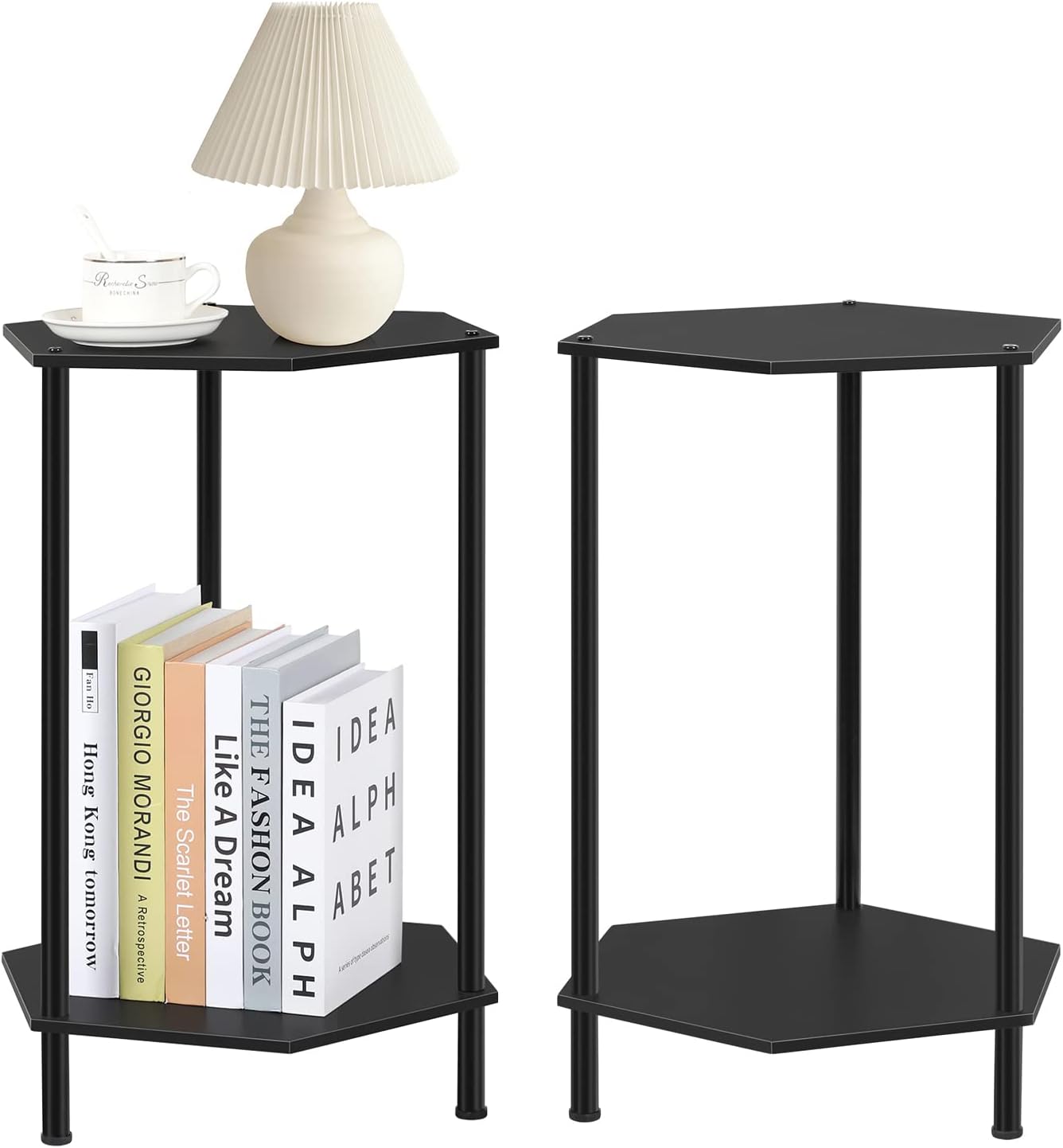 Bamboo Hexagonal End Table Set of 2 - 2-Tier Side Table & Nightstand for Small Spaces, Black