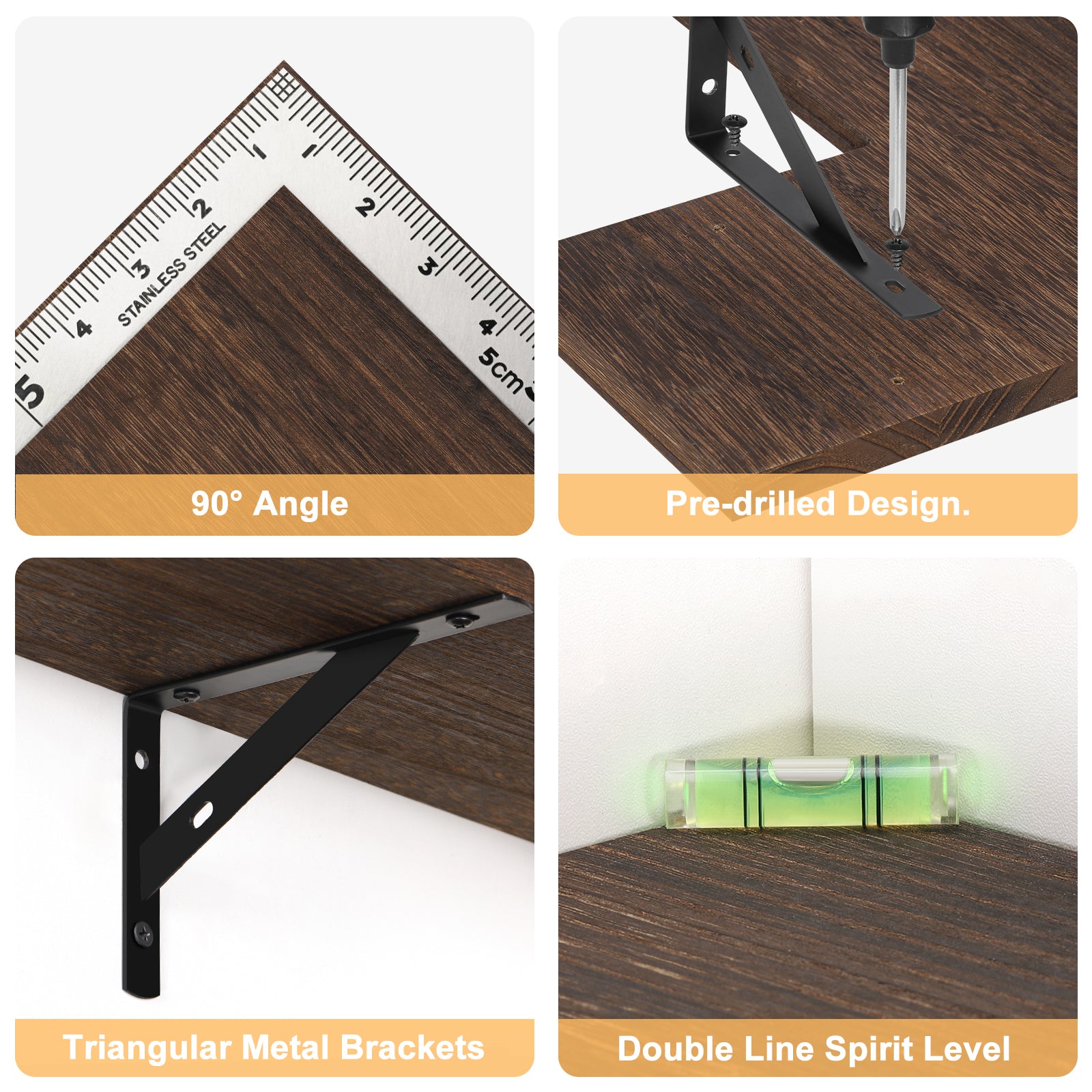 Set of 4 Rustic Floating Corner Shelves - L-Shaped Wood Wall Storage Organizers - Decorative Display Shelves for Bedroom, Living Room & Office