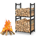 2-Tier Indoor Firewood Rack - Outdoor Log Holder w/ 4 Fireplace Tool Hooks, Black