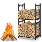 2-Tier Indoor Firewood Rack - Outdoor Log Holder w/ 4 Fireplace Tool Hooks, Black
