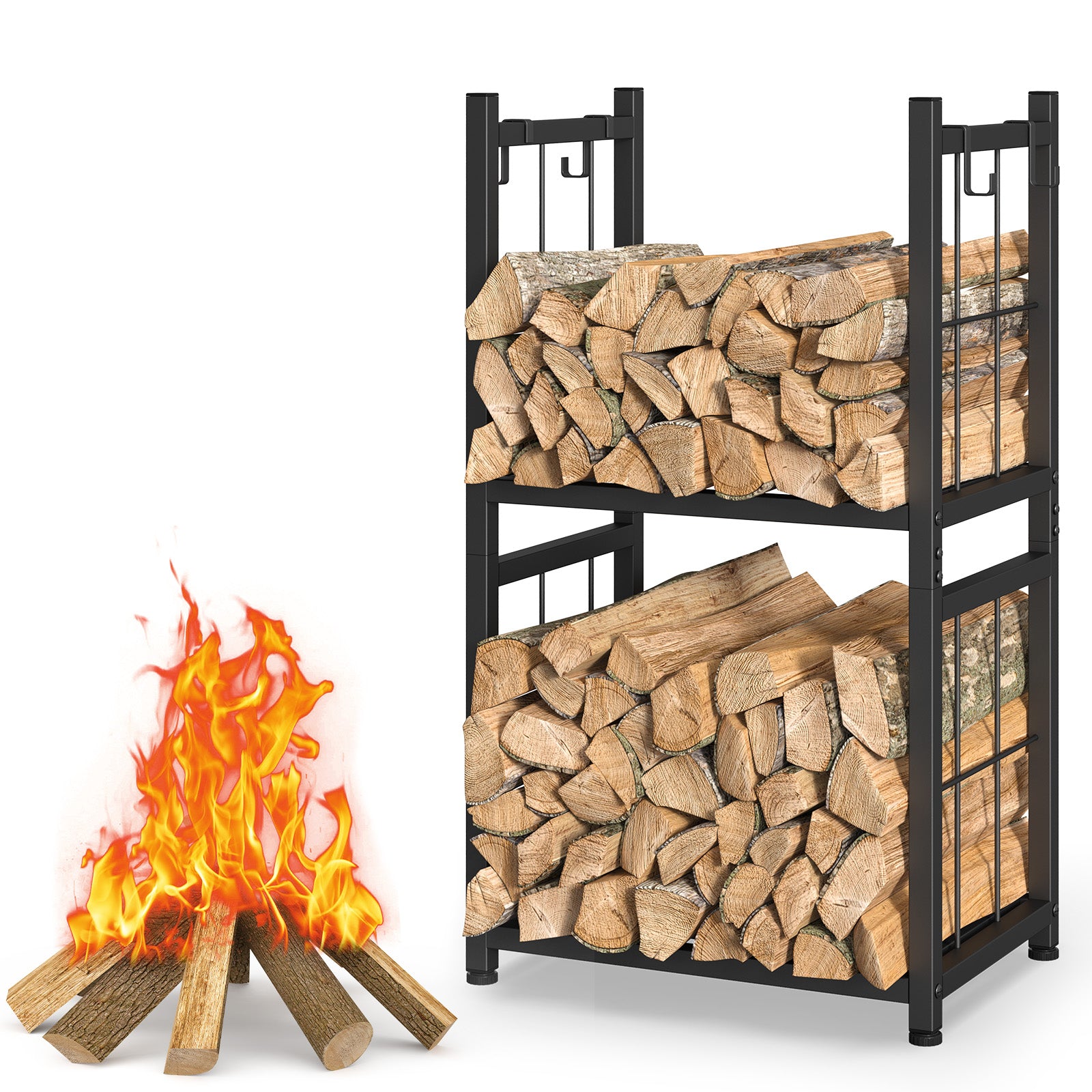 2-Tier Indoor Firewood Rack - Outdoor Log Holder w/ 4 Fireplace Tool Hooks, Black