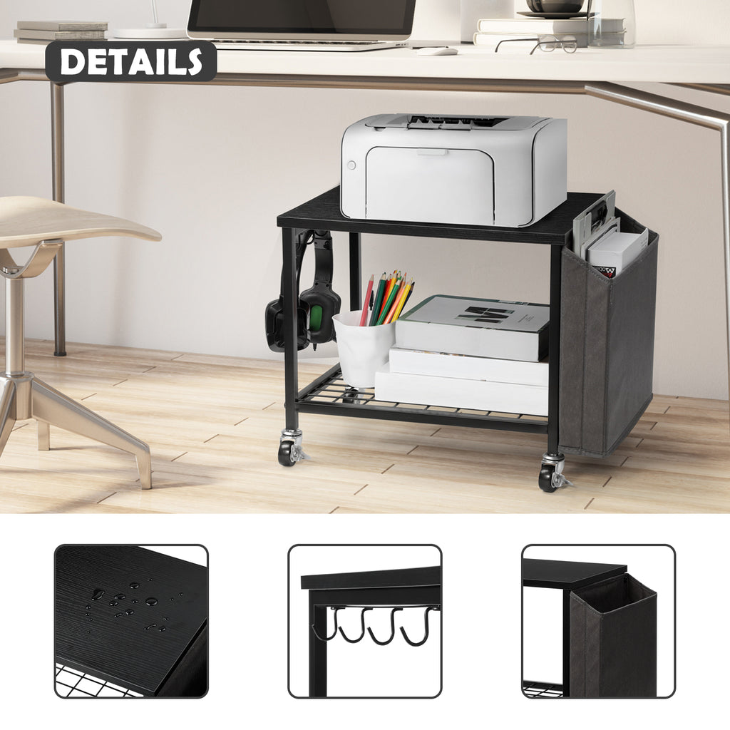 Under-Desk Printer Stand with Storage Bag - Desktop Fax/Scanner Shelf with Side Hooks and Adjustable Feet