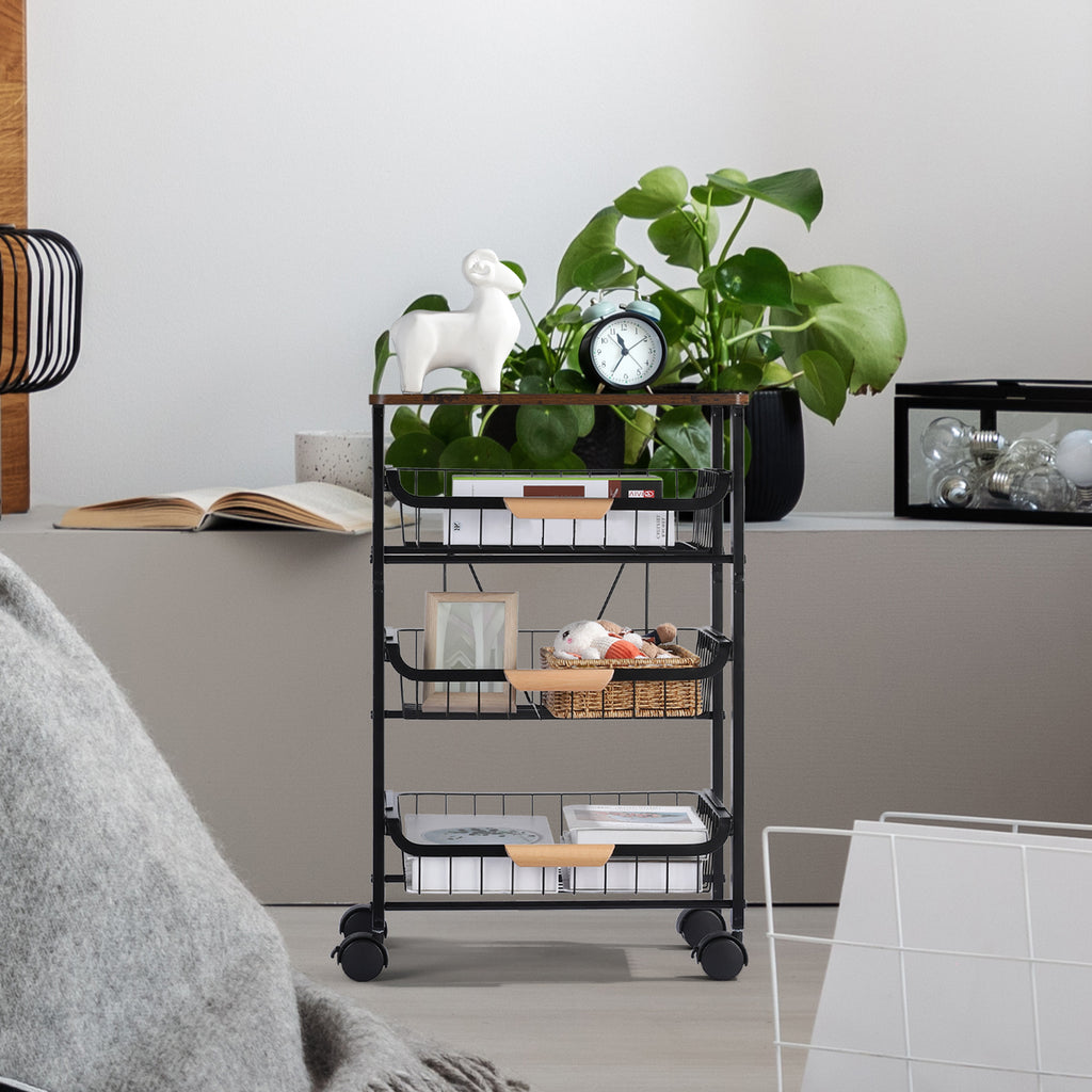 Kitchen Island Serving Cart with Utility Wood Tabletop, 4-Tier Rolling Storage Cart with 3 Basket Drawers, Kitchen Cart with Wheels for Home, Dining Room, Bar, Restaurant, Hotel