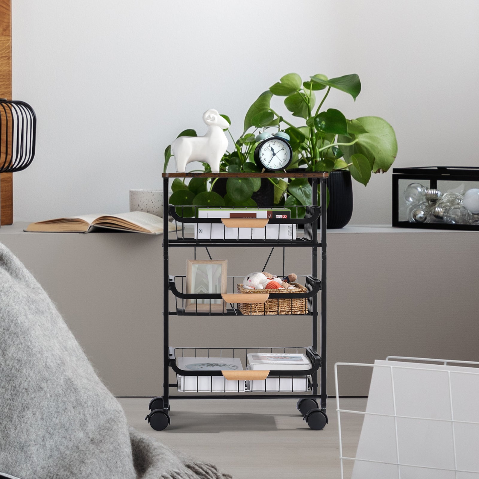 Kitchen Island Serving Cart with Utility Wood Tabletop, 4-Tier Rolling Storage Cart with 3 Basket Drawers, Kitchen Cart with Wheels for Home, Dining Room, Bar, Restaurant, Hotel