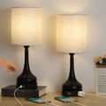 Set of 2 Dimmable Touch Bedside Lamps with Dual USB Ports and AC Outlet, Black Nightstand Light with Round Linen Shade for Home Office