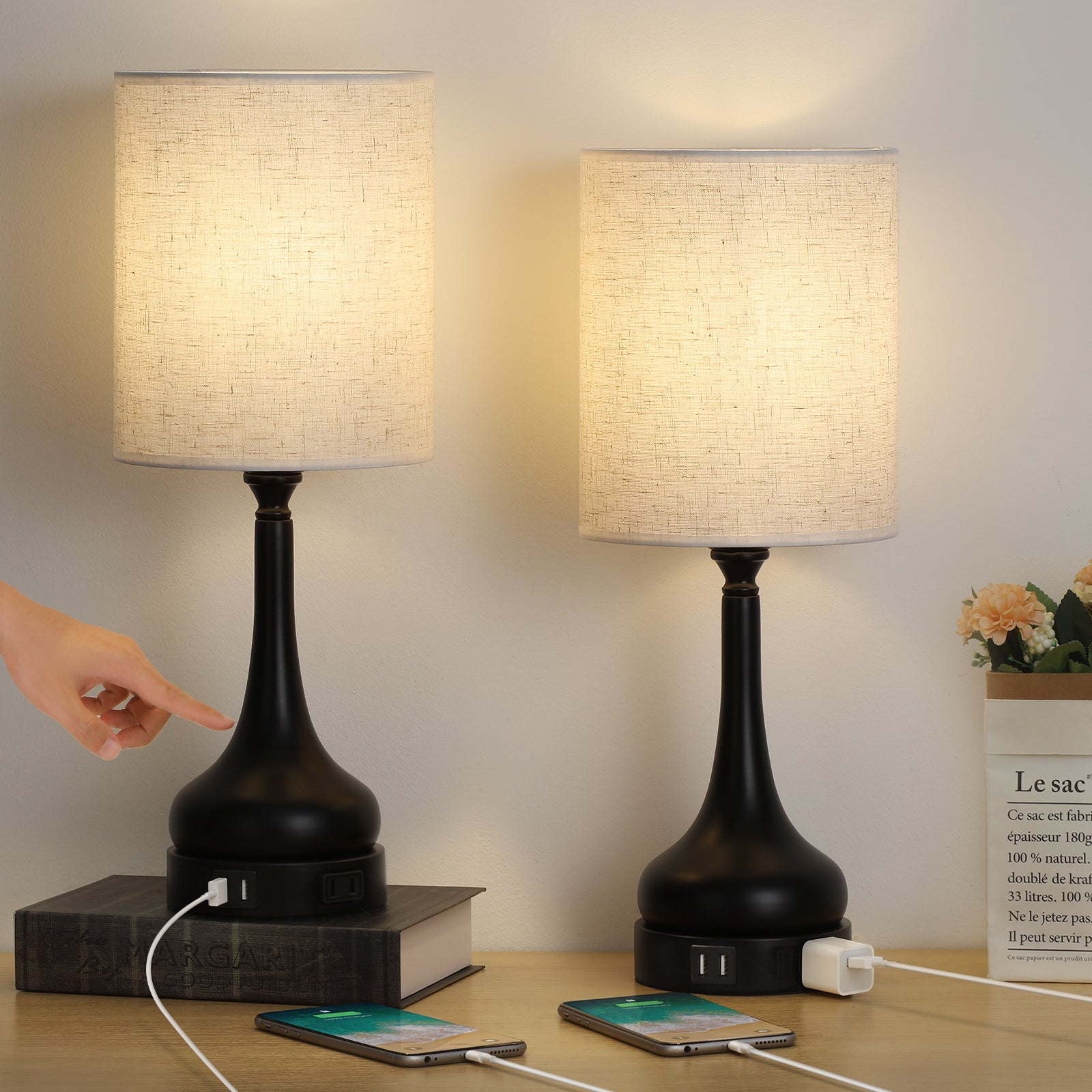 Set of 2 Dimmable Touch Bedside Lamps with Dual USB Ports and AC Outlet, Black Nightstand Light with Round Linen Shade for Home Office