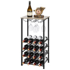 Freestanding Wine Rack Floor Stand with Glass Hanging Holder, Gray Oak Wood Top Metal Wine Storage Organizer, Holds 16 Wine Bottles & 9 Stem Glasses, Bar Cabinet Rack for Kitchen Dining Living Room