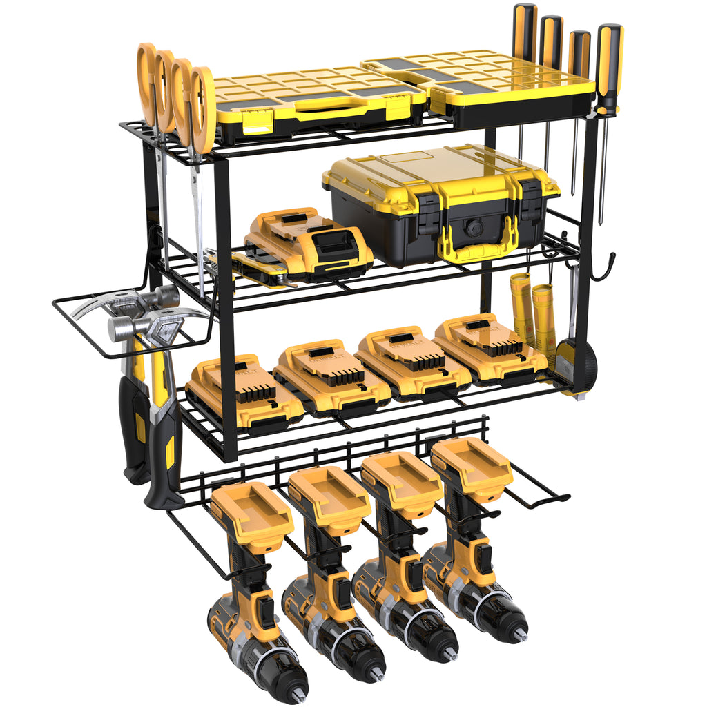 3-Tier Power Tool Storage Rack, Wall-Mounted Drill Holder with 4 Slots, Heavy-Duty Metal Tool Organizer for Garage