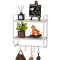2 Tier Wall Mount Floating Shelves with 5 Hooks, White Metal Frame Wood Grain Wall Storage Rack, Multi Purpose Hanging Organizer Shelf for Bathroom Kitchen Bedroom Entryway