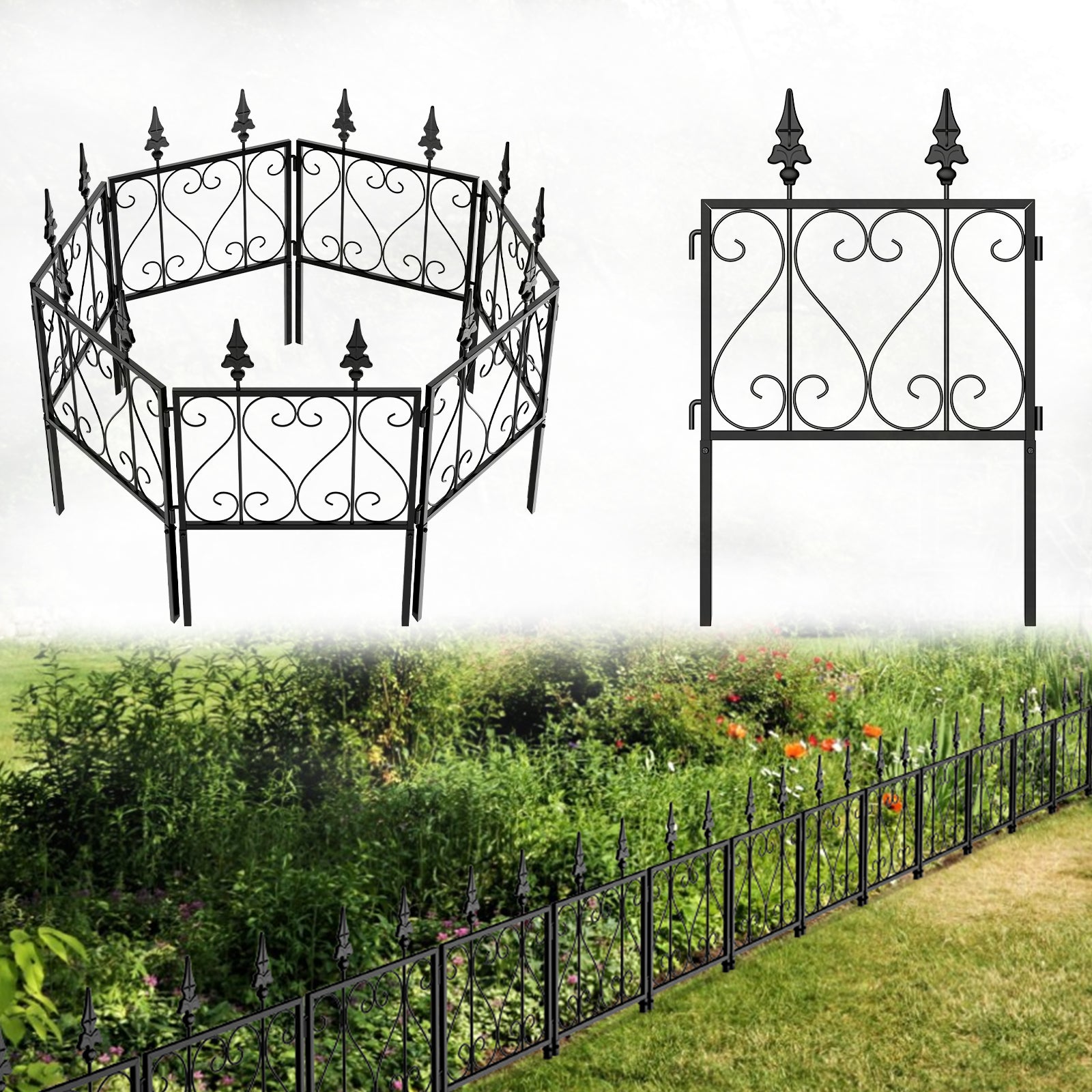 7 Pcs Easy Assembly Rustproof Fence Panels for Yard Lawn, Decorative Metal Outdoor Fences and Borders, Total 23. 5in(H) x 8. 8ft(L) Garden Fencing Animal Barrier, for Dogs, Flower Bed, Patio, Square