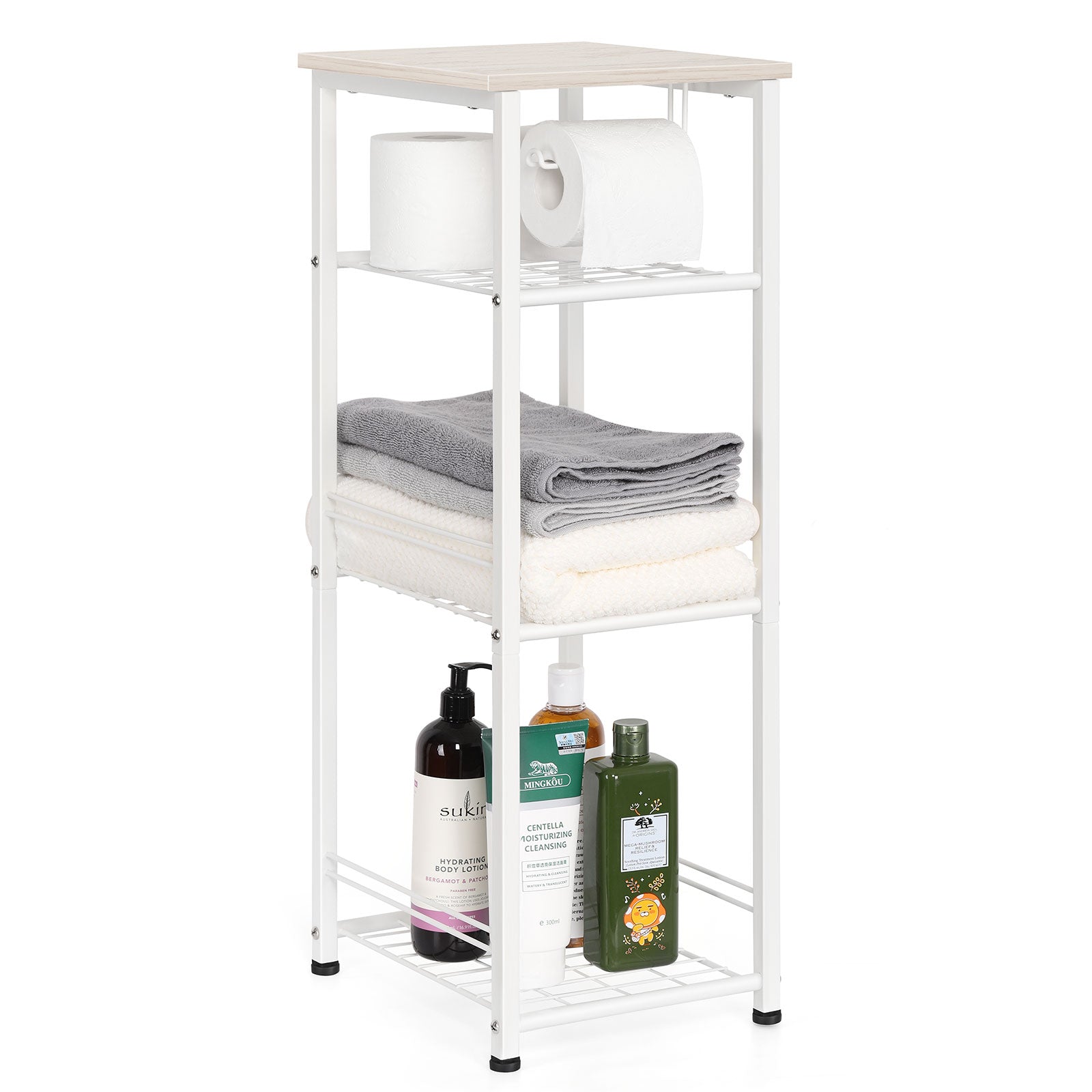 4-Tier Metal Towel and Storage Rack, Freestanding Small Shelf Unit for Bathroom and Living Room, White Finish