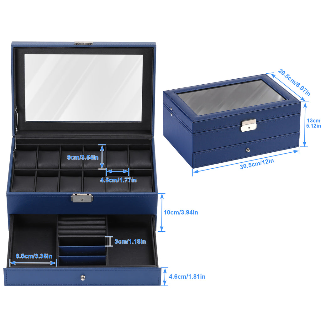 12-Slot PU Leather Watch Box with Jewelry Drawer, Blue Organizer for Storage & Display
