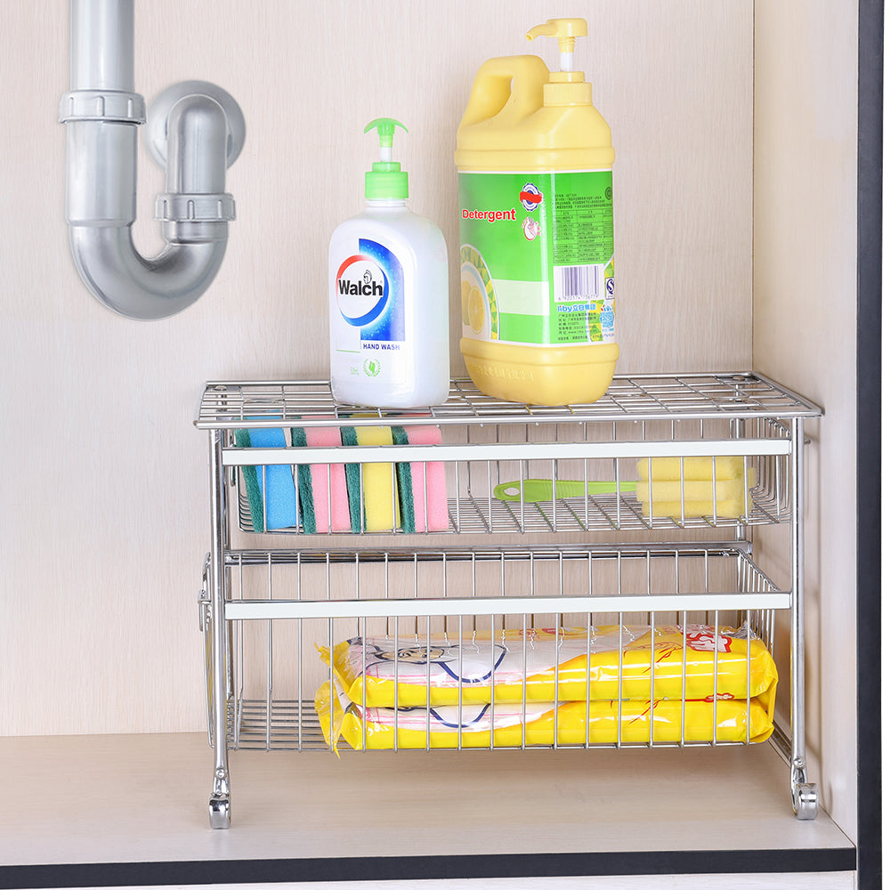 2-Tier Pull-Out Under Sink Organizer, Chrome-Plated Sliding Cabinet Storage Basket for Kitchen & Bathroom