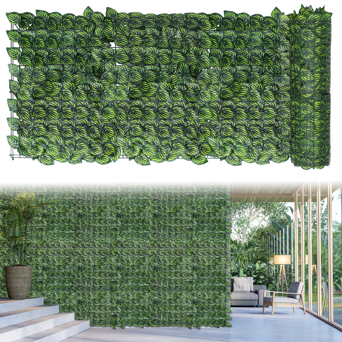 Artificial Ivy Privacy Fence Screen, Inch Artificial Faux Ivy Hedge, Expandable Faux Privacy Fence with Zip Ties Decoration for Outdoor Garden, Color Printing Watermelon Leaves