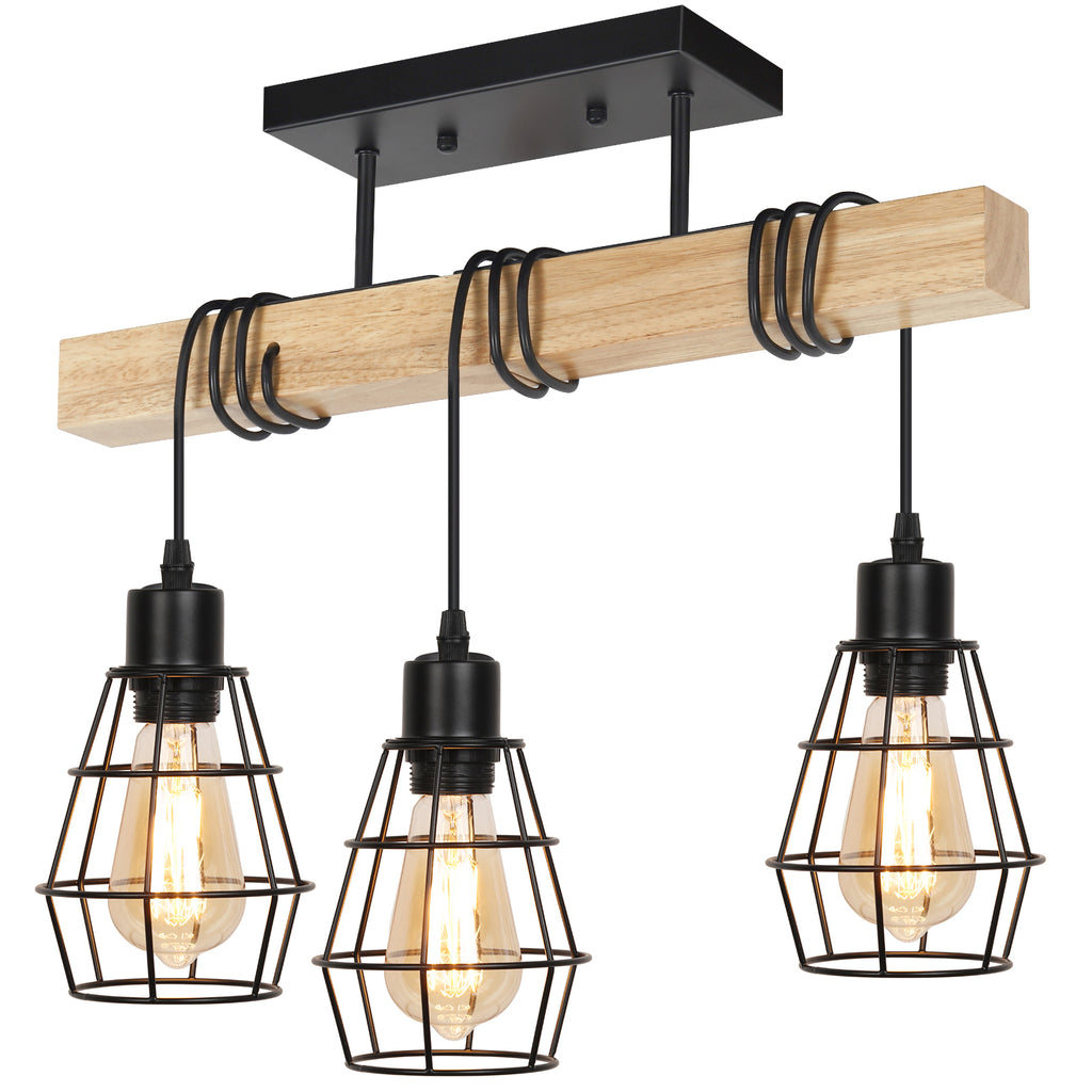 3-Light Industrial Semi Flush Mount Ceiling Fixture with Wood Accents and Metal Cage Shades