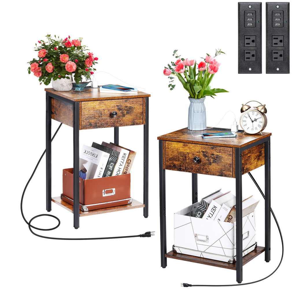 Set of 2 Farmhouse Bedside Tables with Integrated Power Strip, 3 USB Ports, Floating Drawer, and Rustic Charred Wood Finish