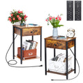 Set of 2 Farmhouse Bedside Tables with Integrated Power Strip, 3 USB Ports, Floating Drawer, and Rustic Charred Wood Finish