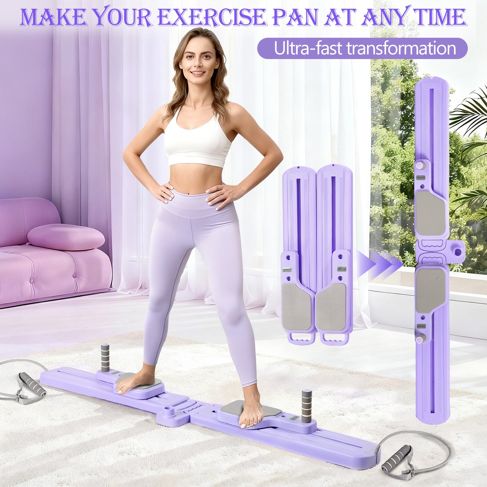 Multi-Functional Pilates Board, Adjustable Split Exercise Machine with Handlebar, Resistance Bands, Non-Slip Fitness Equipment for Legs, Pelvic Floor & Full Body Workout, Purple