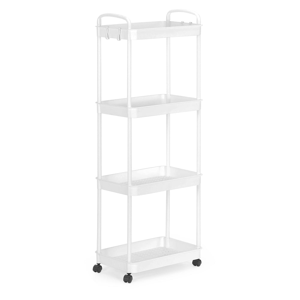 4-Tier Plastic Rolling Utility Cart with Handle, Hooks, Multi-Functional Storage Trolley for Office, Living Room, Kitchen, Movable Storage Organizer with Wheels