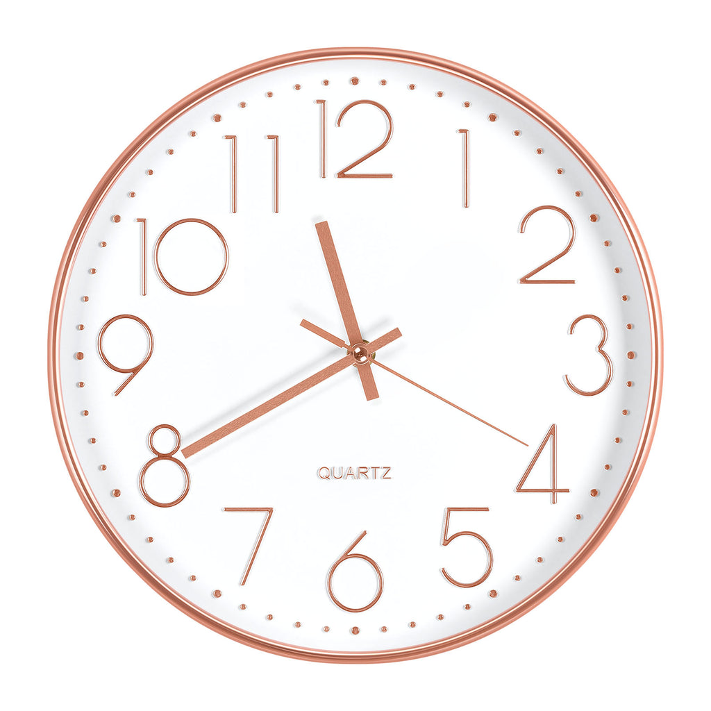 12 Inch Rose Gold Silent Wall Clock - Modern Minimalist Non-Ticking Clock for Living Room, Bedroom, Kitchen, Battery Operated, Large Easy-to-Read Display