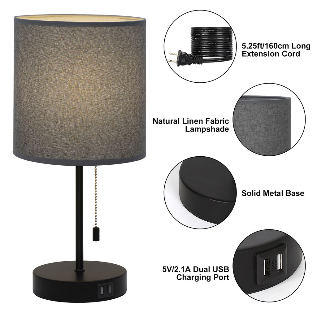 White Fabric Shade Nightstand Lamp with Dual USB Fast Charging Ports, Versatile Metal Desk Lighting for Bedroom, Office, and Living Areas