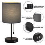 White Fabric Shade Nightstand Lamp with Dual USB Fast Charging Ports, Versatile Metal Desk Lighting for Bedroom, Office, and Living Areas
