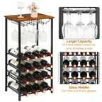 Freestanding Wine Rack Floor Stand with Glass Hanging Holder, Gray Oak Wood Top Metal Wine Storage Organizer, Holds 16 Wine Bottles & 9 Stem Glasses, Bar Cabinet Rack for Kitchen Dining Living Room