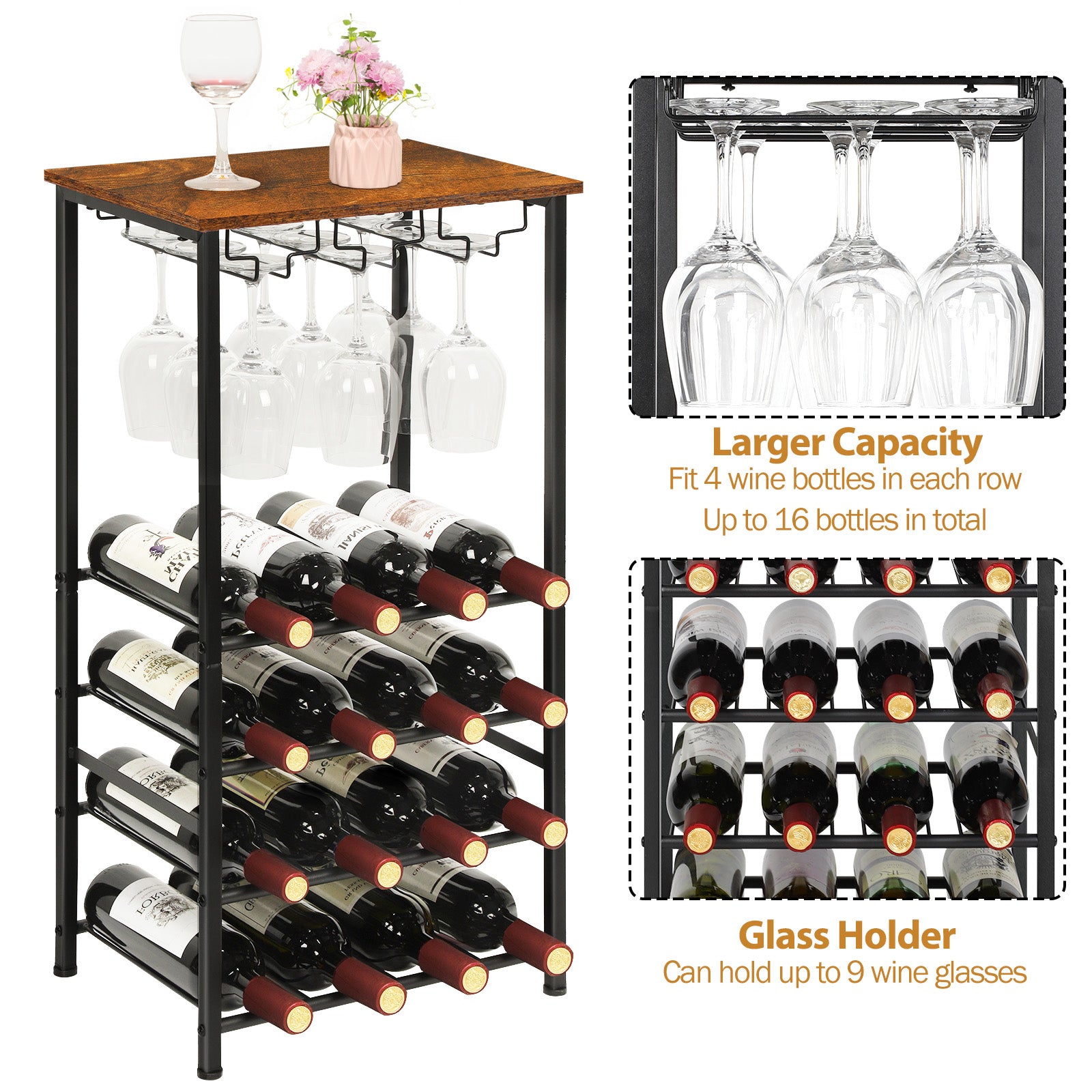 Freestanding Wine Rack Floor Stand with Glass Hanging Holder, Gray Oak Wood Top Metal Wine Storage Organizer, Holds 16 Wine Bottles & 9 Stem Glasses, Bar Cabinet Rack for Kitchen Dining Living Room