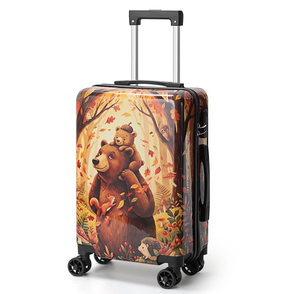20 Inch Kids Carry On Luggage, Cute Bear Forest Print Hardside Suitcase with Spinner Wheels, Lightweight ABS Travel Suitcase for Boys Girls