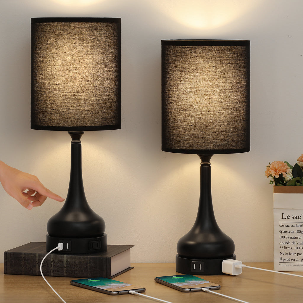 2-Pack 3-Way Dimmable Touch Control Bedside Lamps with Dual USB Ports and AC Outlet, Ideal for Bedroom and Office, LED Bulbs Included