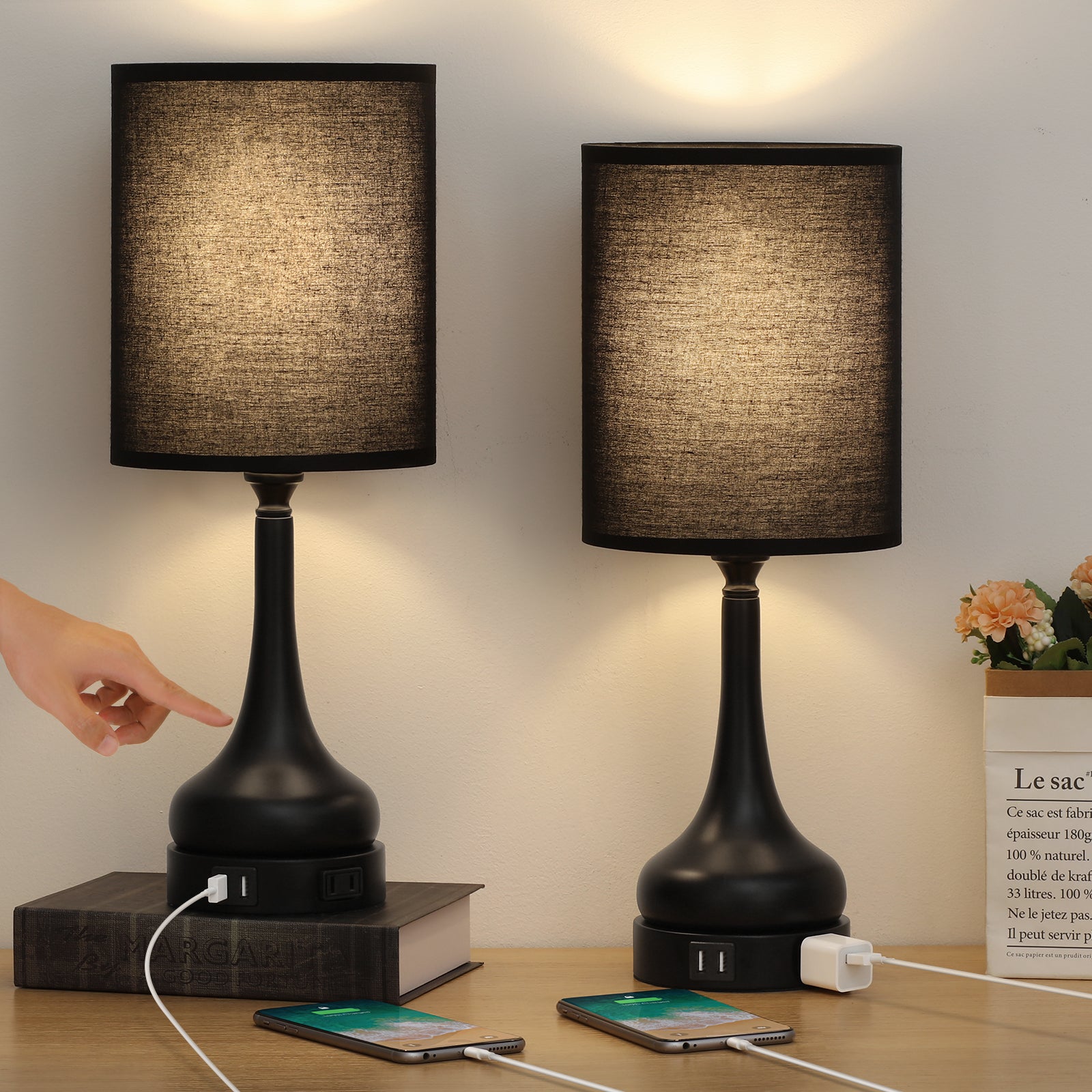 2-Pack 3-Way Dimmable Touch Control Bedside Lamps with Dual USB Ports and AC Outlet, Ideal for Bedroom and Office, LED Bulbs Included
