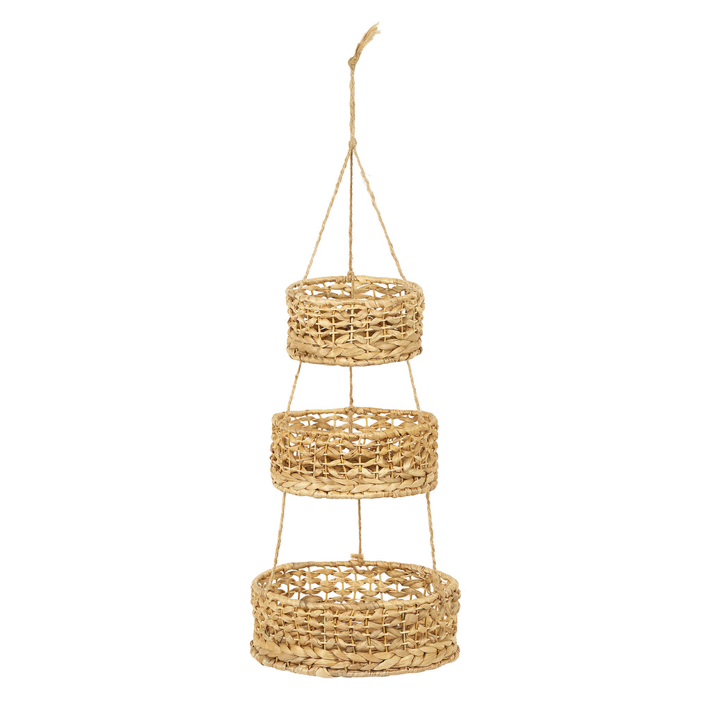 1 piece of 3-layer fruit hanging basket, vegetable storage, natural woven storage basket, seaweed wicker basket storage rack, used for kitchen and living room storage
