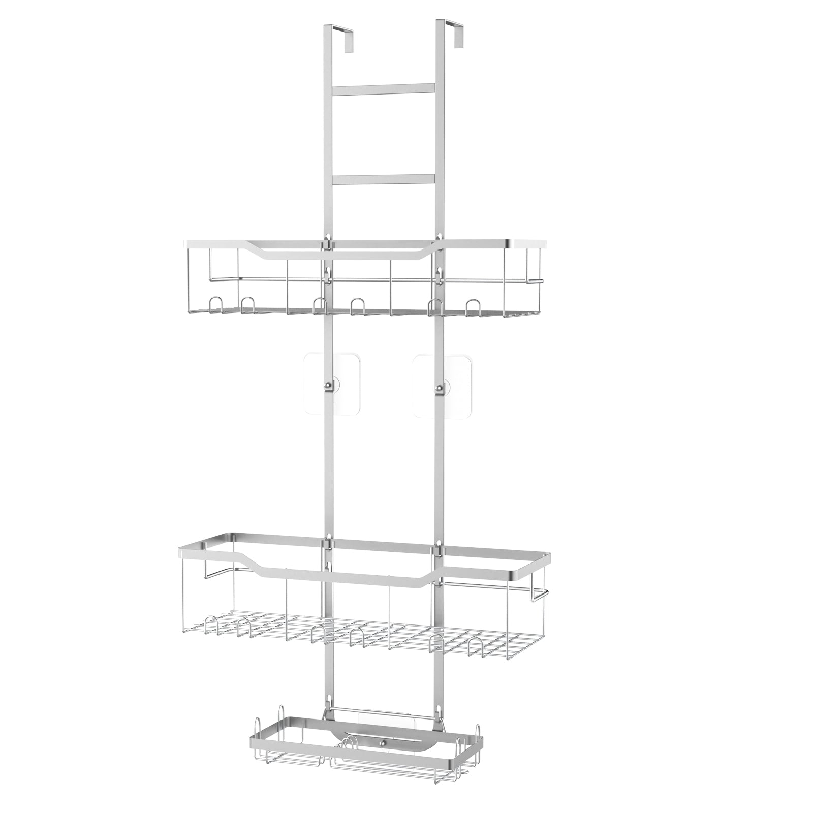 70cm Height Adjustable Over Shower Glass Caddy, 3-Tier Stainless Steel Hanging Bathroom Shelf with Soap Tray & Multi Hooks, Drill-Free Shower Organizer for Bathroom, Shower Stall