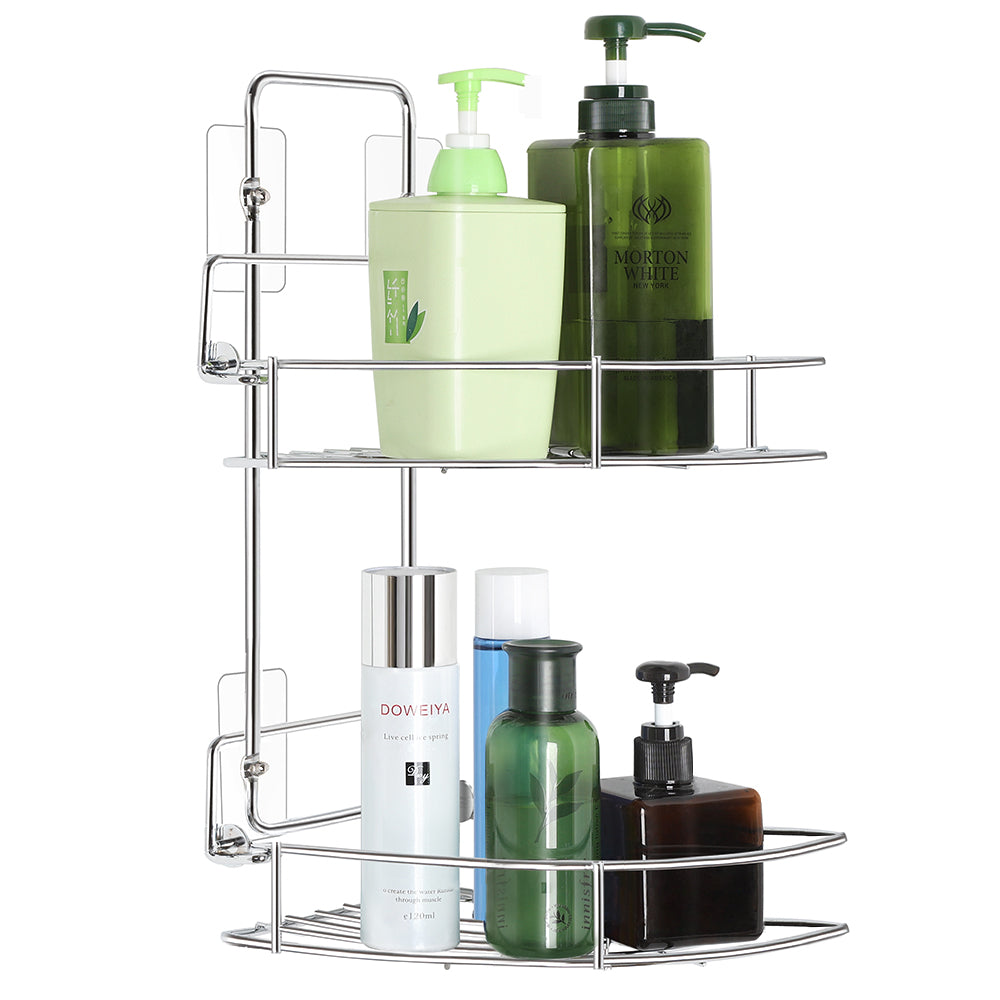 2-Tier Adhesive Stainless Steel Wall-Mounted Shower Organizer for Bathroom and Kitchen Storage