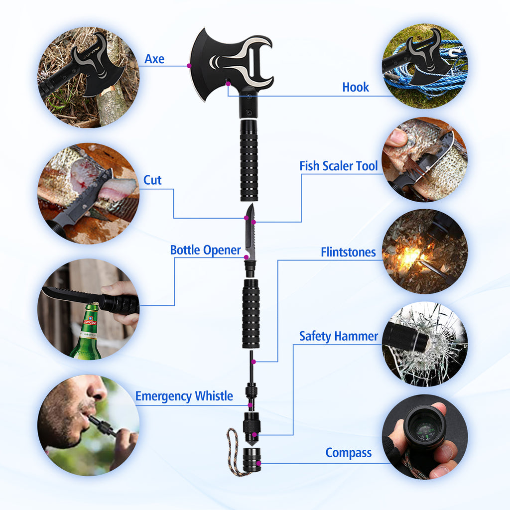 18 Inch Portable Folding Camping Axe, Tactical Multi-Tool Hatchet and Shovel with Protective Sheath for Hiking, Hunting, and Emergency Survival